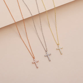 14k Solid Gold Cross Pendant Necklace, Cubic Zirconia