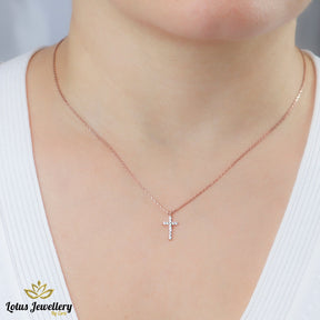 14k Solid Gold Cross Pendant Necklace, Cubic Zirconia