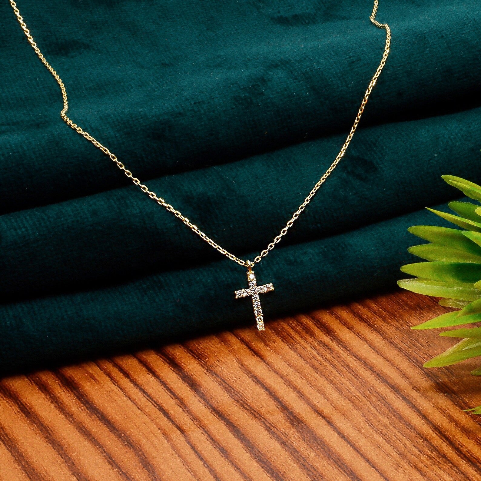 14k Solid Gold Cross Pendant Necklace, Cubic Zirconia