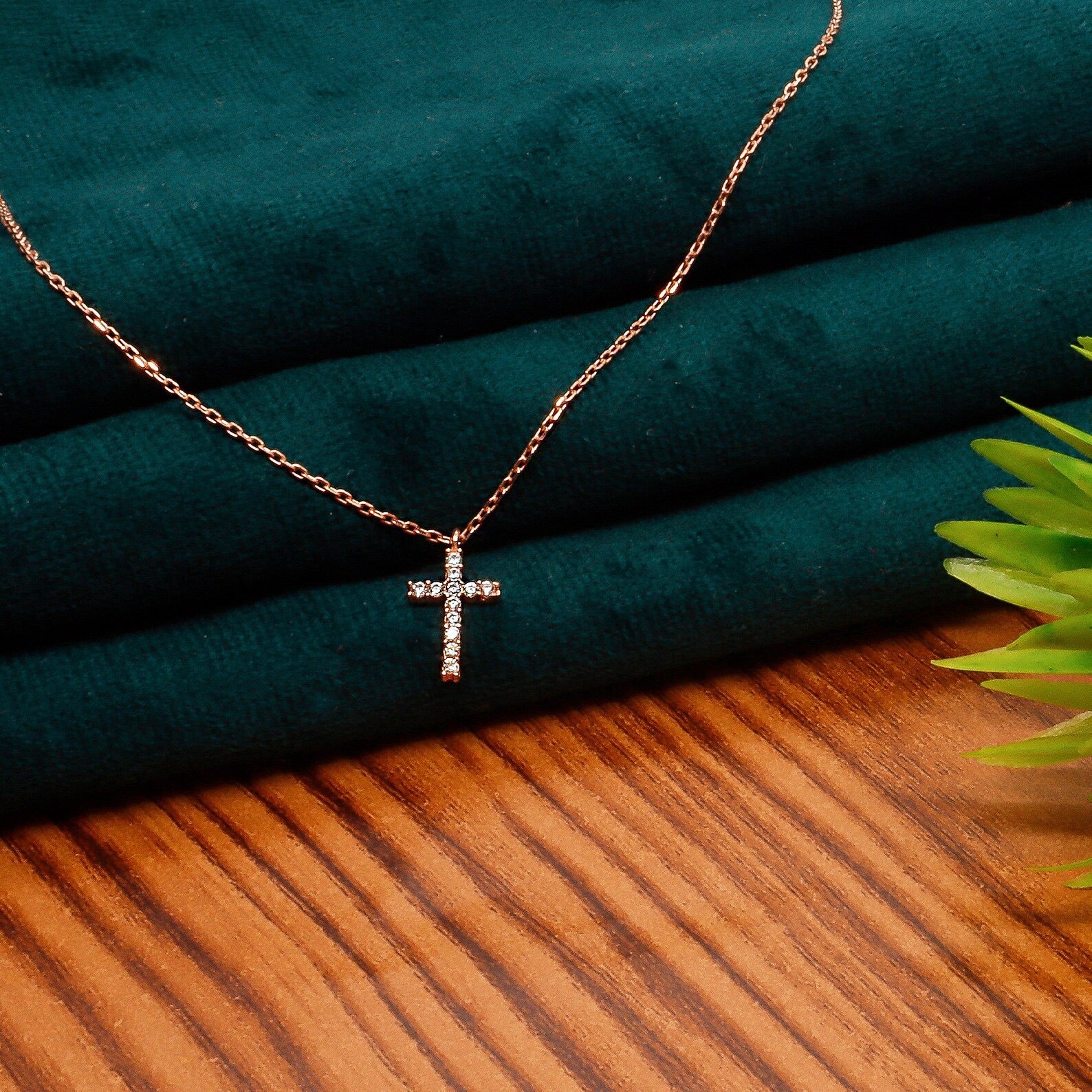 14k Solid Gold Cross Pendant Necklace, Cubic Zirconia