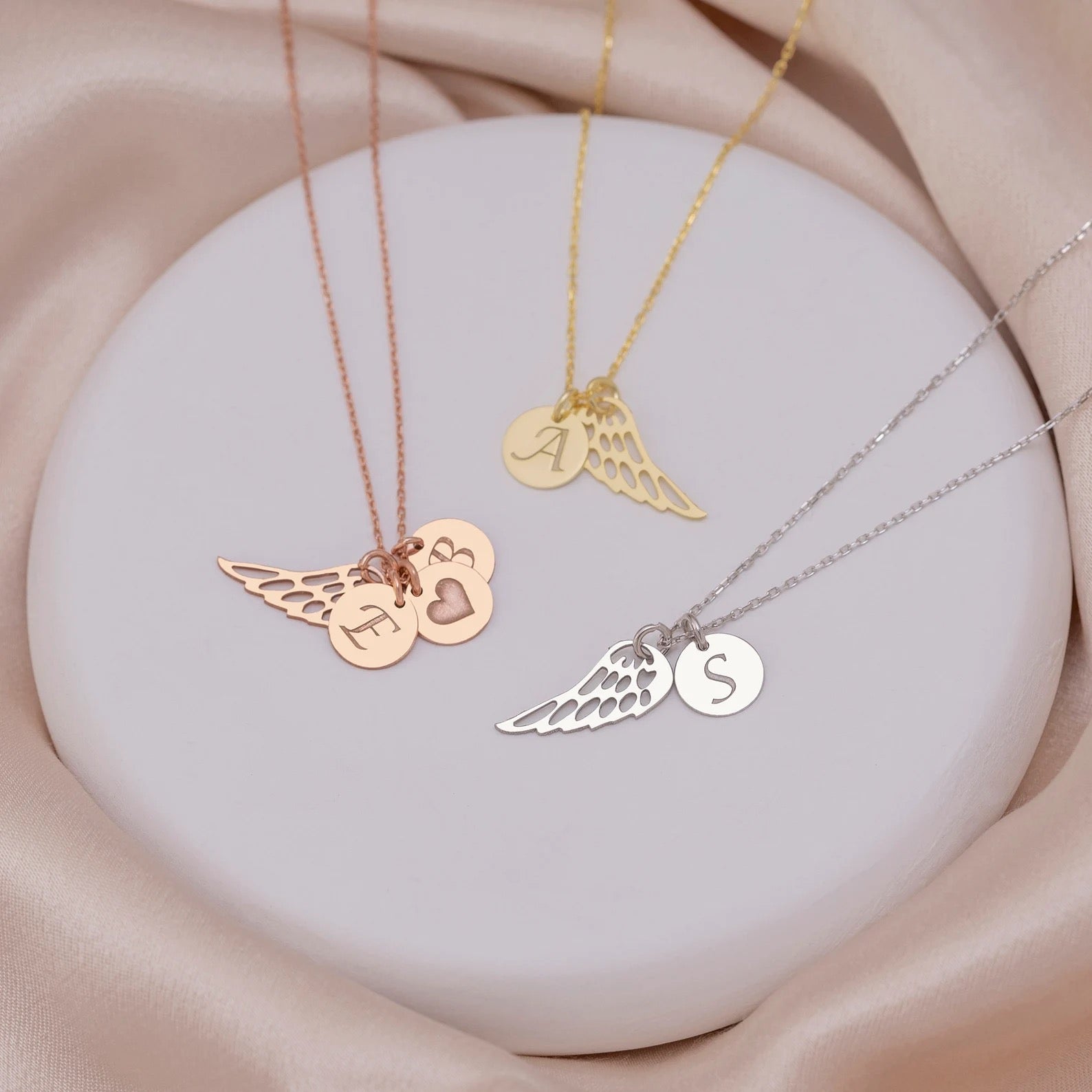 14K Solid Gold Memorial Angel Wing Necklace with Initial Disc