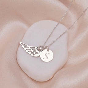 14K Solid Gold Memorial Angel Wing Necklace with Initial Disc