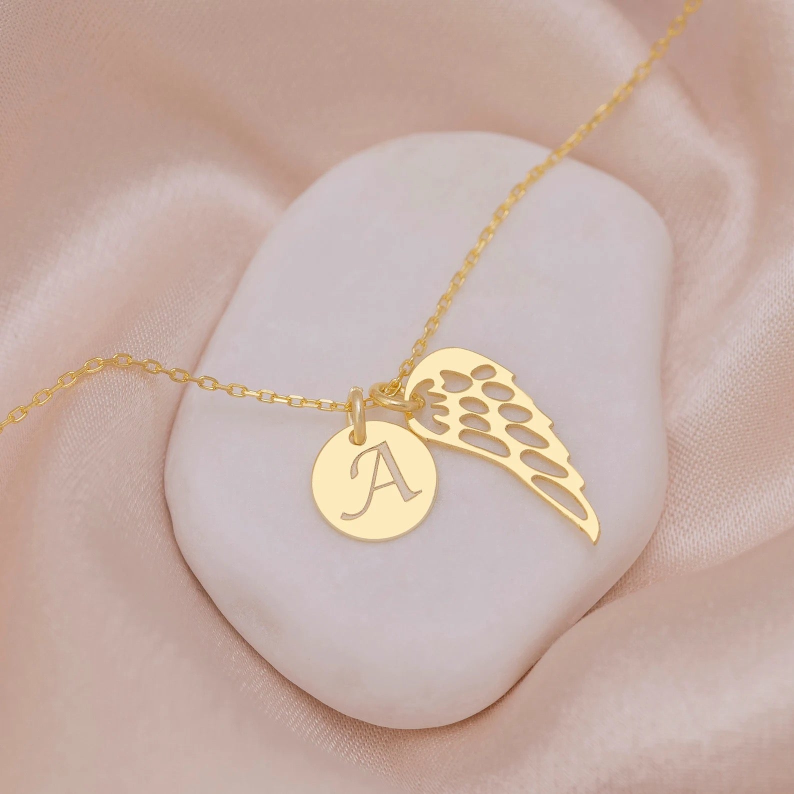 14K Solid Gold Memorial Angel Wing Necklace with Initial Disc