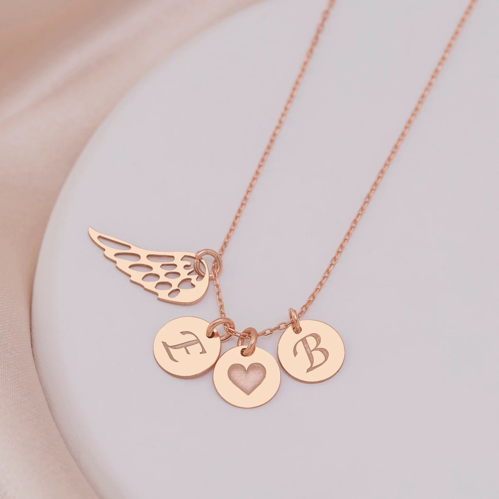 14K Solid Gold Memorial Angel Wing Necklace with Initial Disc