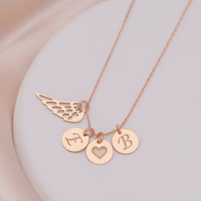 14K Solid Gold Memorial Angel Wing Necklace with Initial Disc