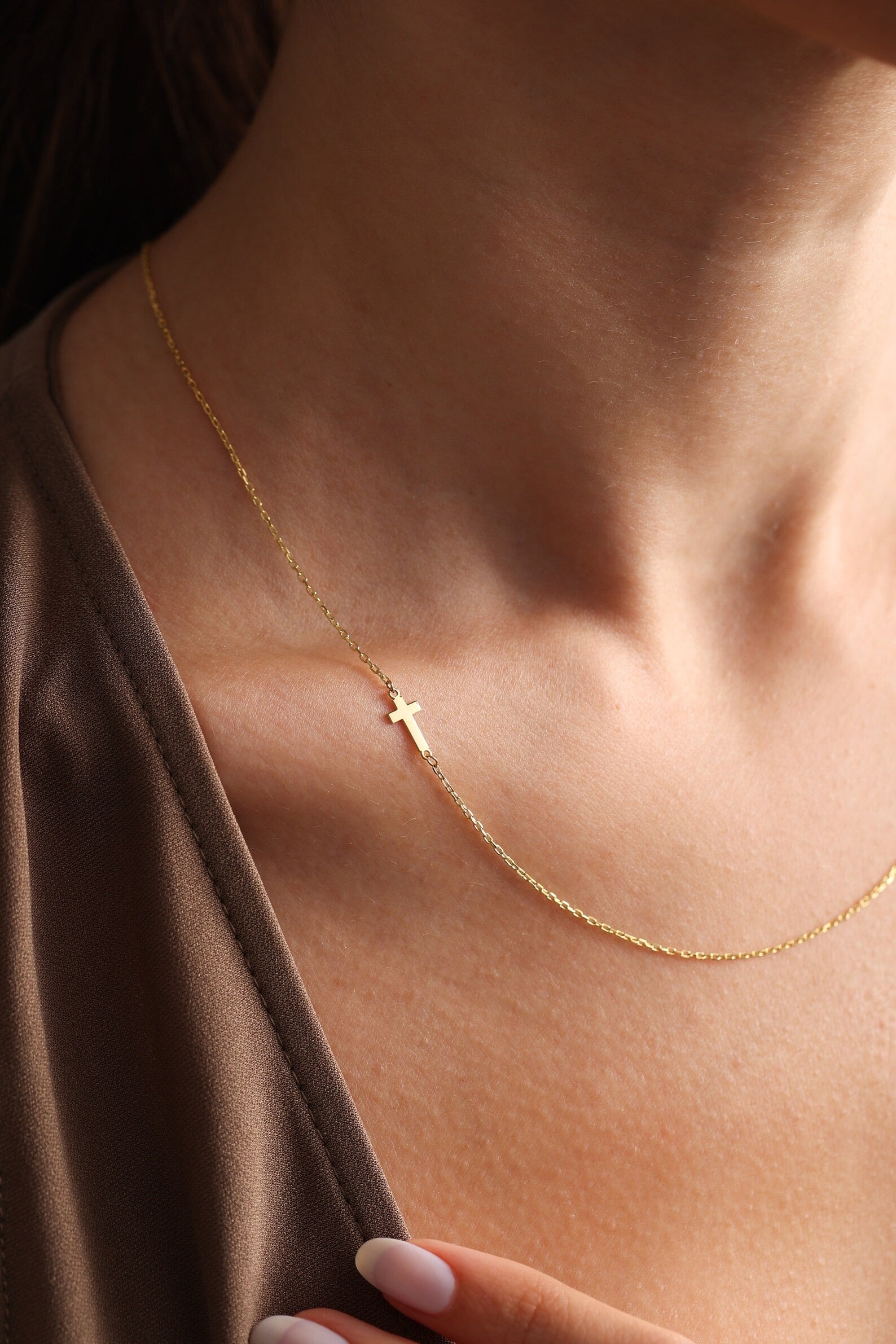 14K Solid Gold Cross Necklace, White Gold Sideway Cross