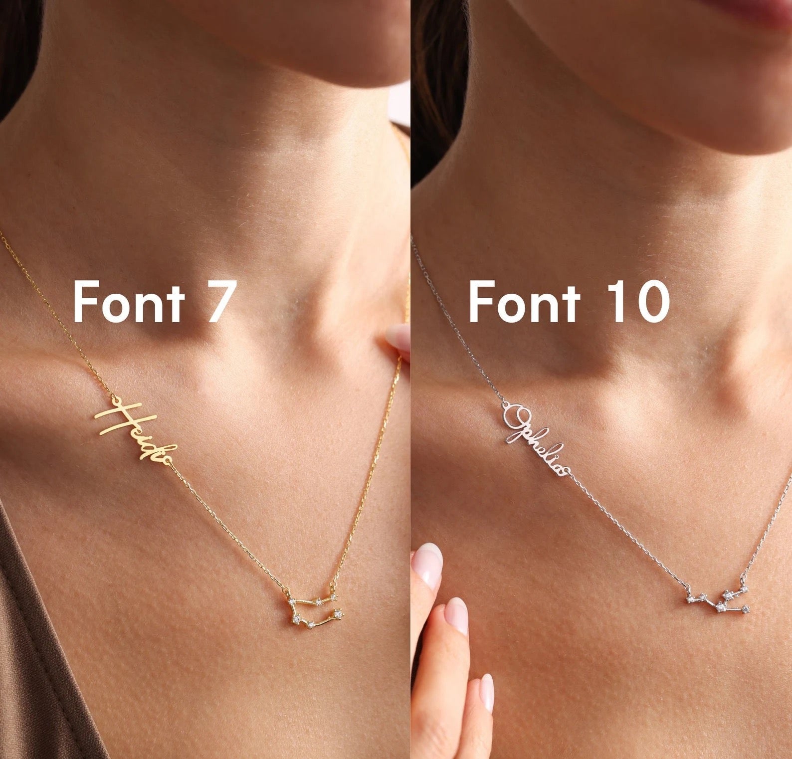 Zodiac necklace with name, Gold constellation name necklace