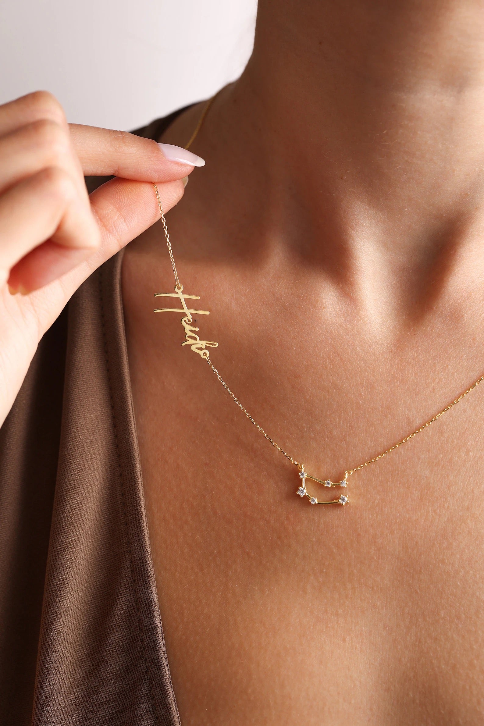 Zodiac necklace with name, Gold constellation name necklace