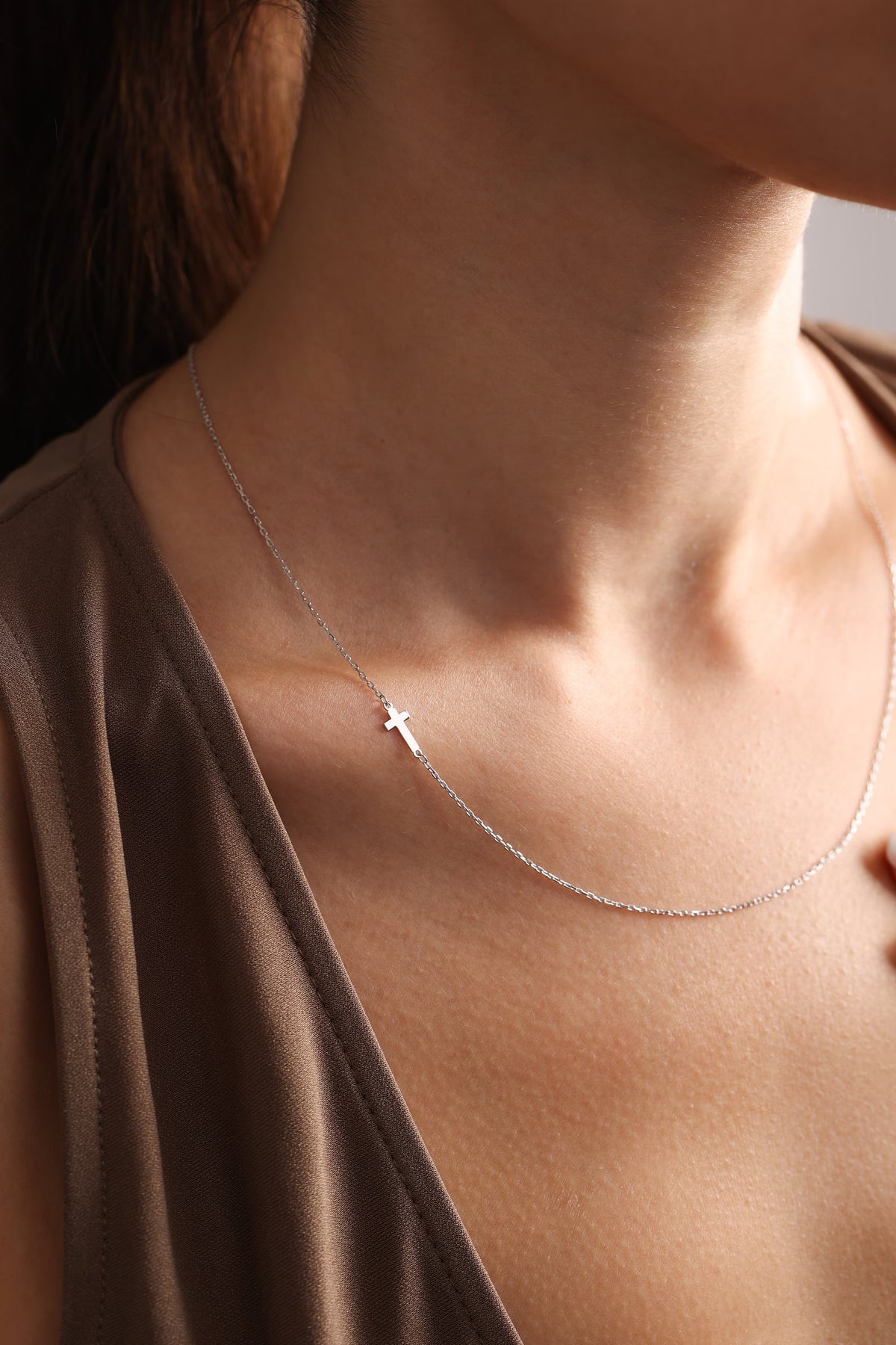 Gold Cross Necklace, Sideway Silver Cross, Dainty Minimalist Middle Cross