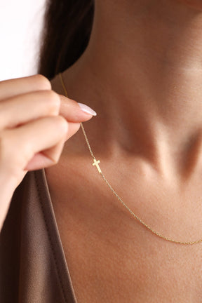 Gold Cross Necklace, Sideway Silver Cross, Dainty Minimalist Middle Cross