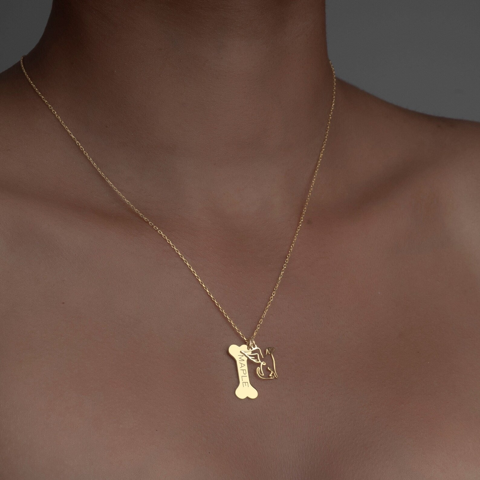 Bone Necklace with Angel Charm, Custom Dog Name Necklace