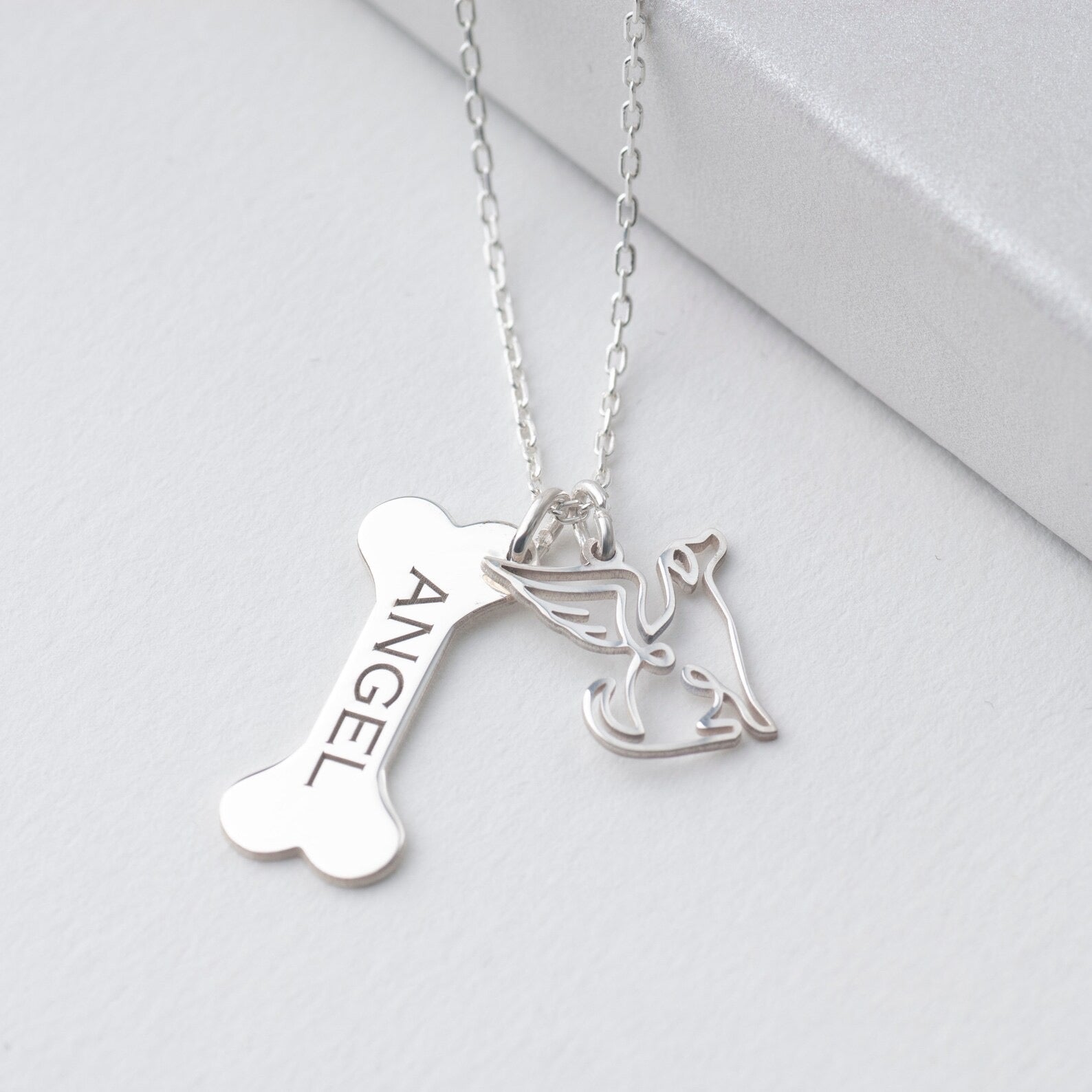 Bone Necklace with Angel Charm, Custom Dog Name Necklace