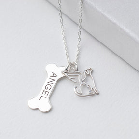 Bone Necklace with Angel Charm, Custom Dog Name Necklace