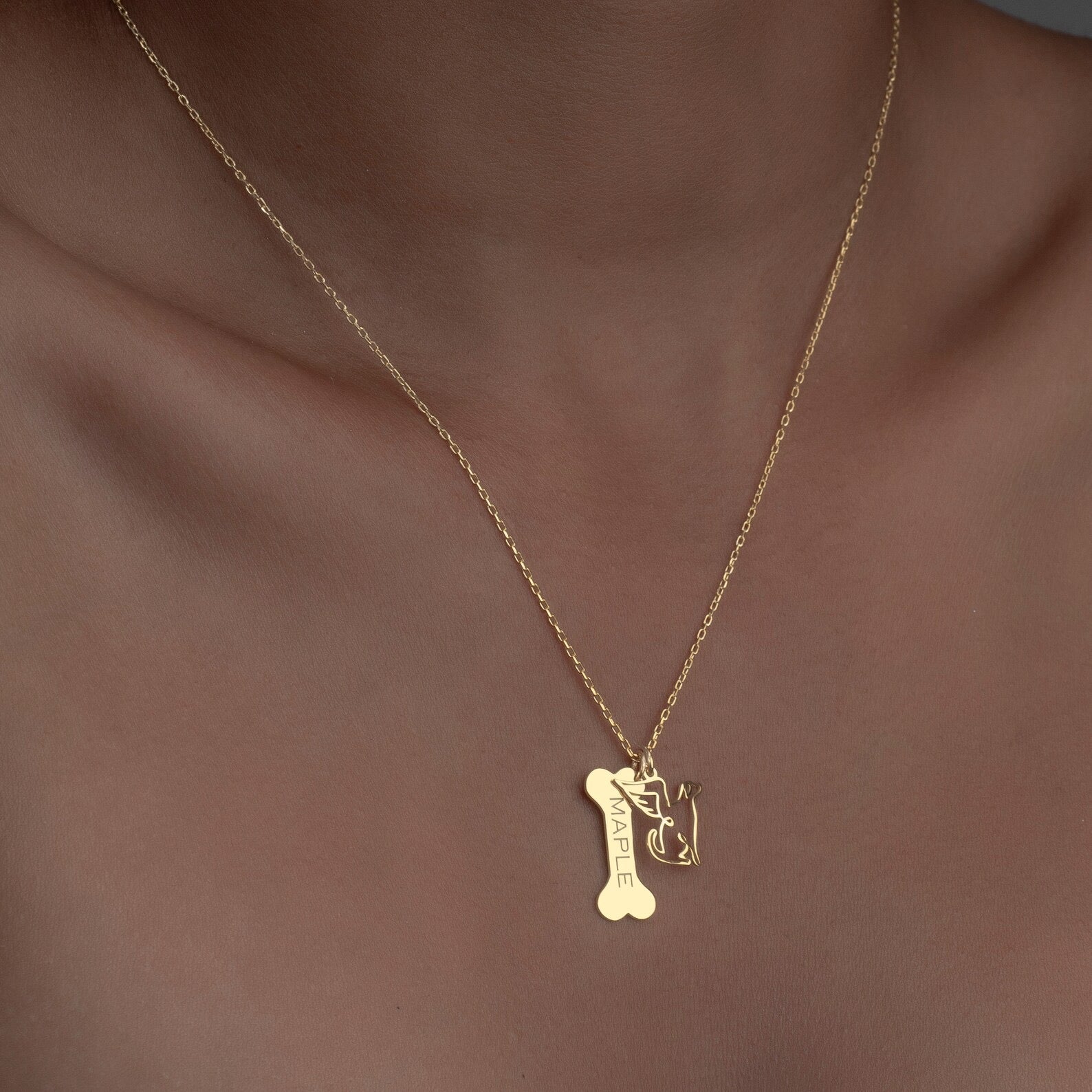 Bone Necklace with Angel Charm, Custom Dog Name Necklace