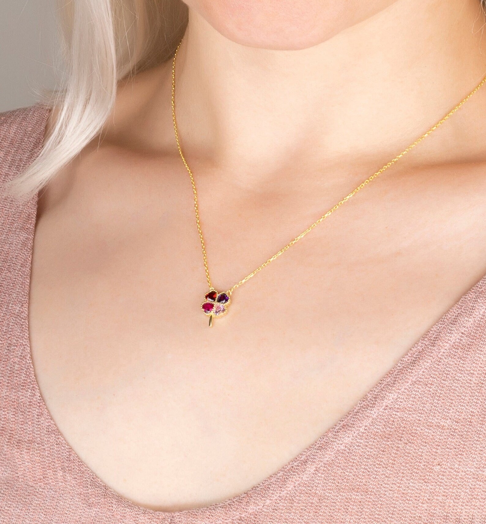 Family Memorial Clover Birthstone Necklace