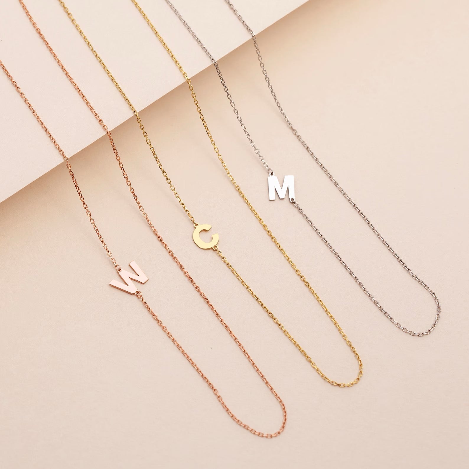 14K Solid Gold Sideways Initial Necklace