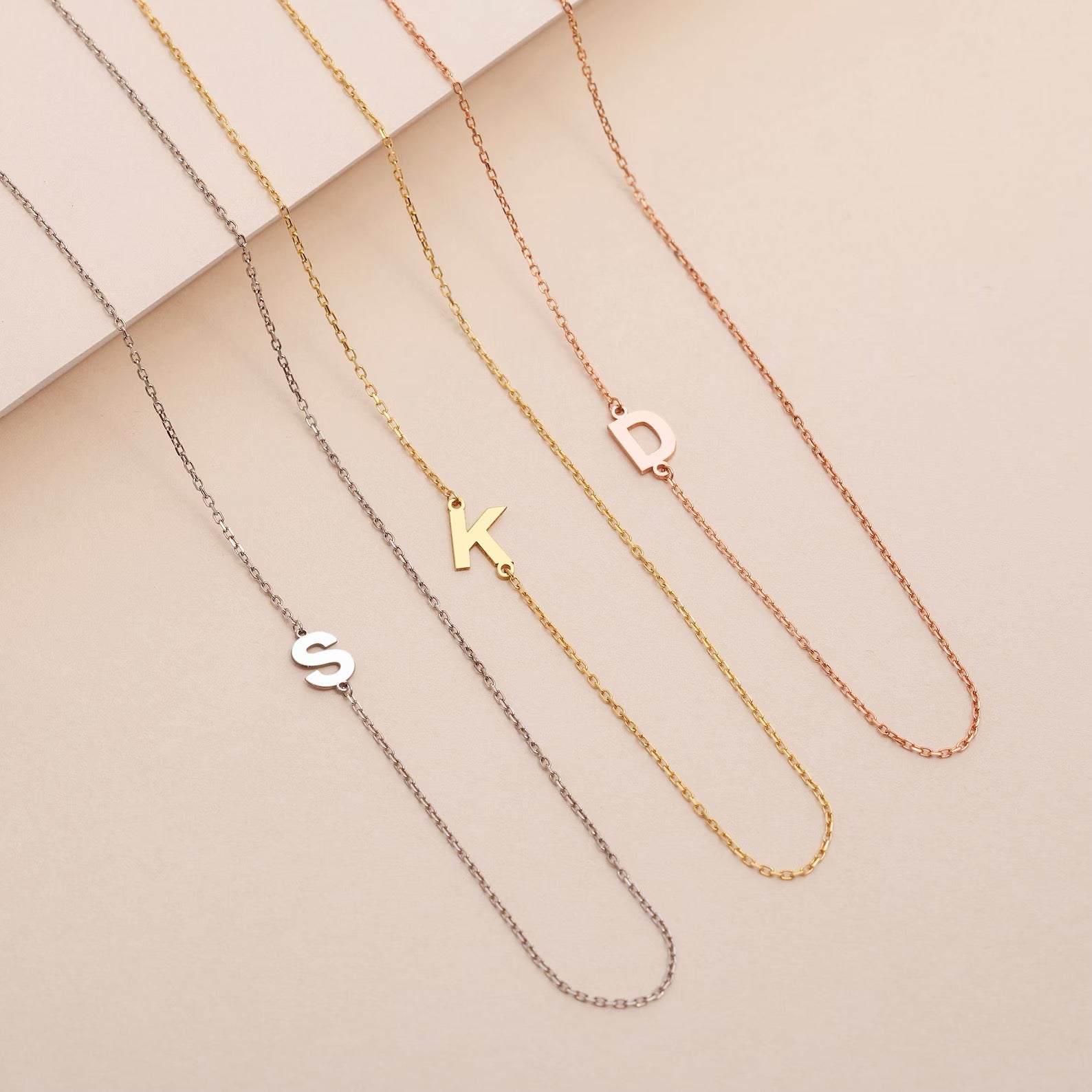 14K Solid Gold Sideways Initial Necklace