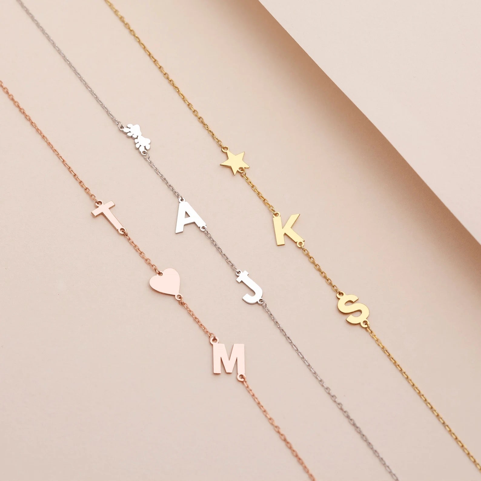 925 Silver Sideway Initial necklace, Asymmetrical Memorial Gold Letter Necklace