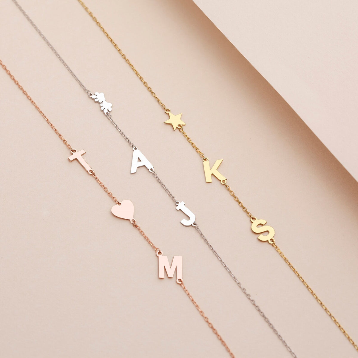 (VARYASYON EKLENECEK)Sideways 925 Silver Initial Charm Necklace, Multiple Gold Letter Necklace