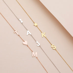 (VARYASYON EKLENECEK)Sideways 925 Silver Initial Charm Necklace, Multiple Gold Letter Necklace