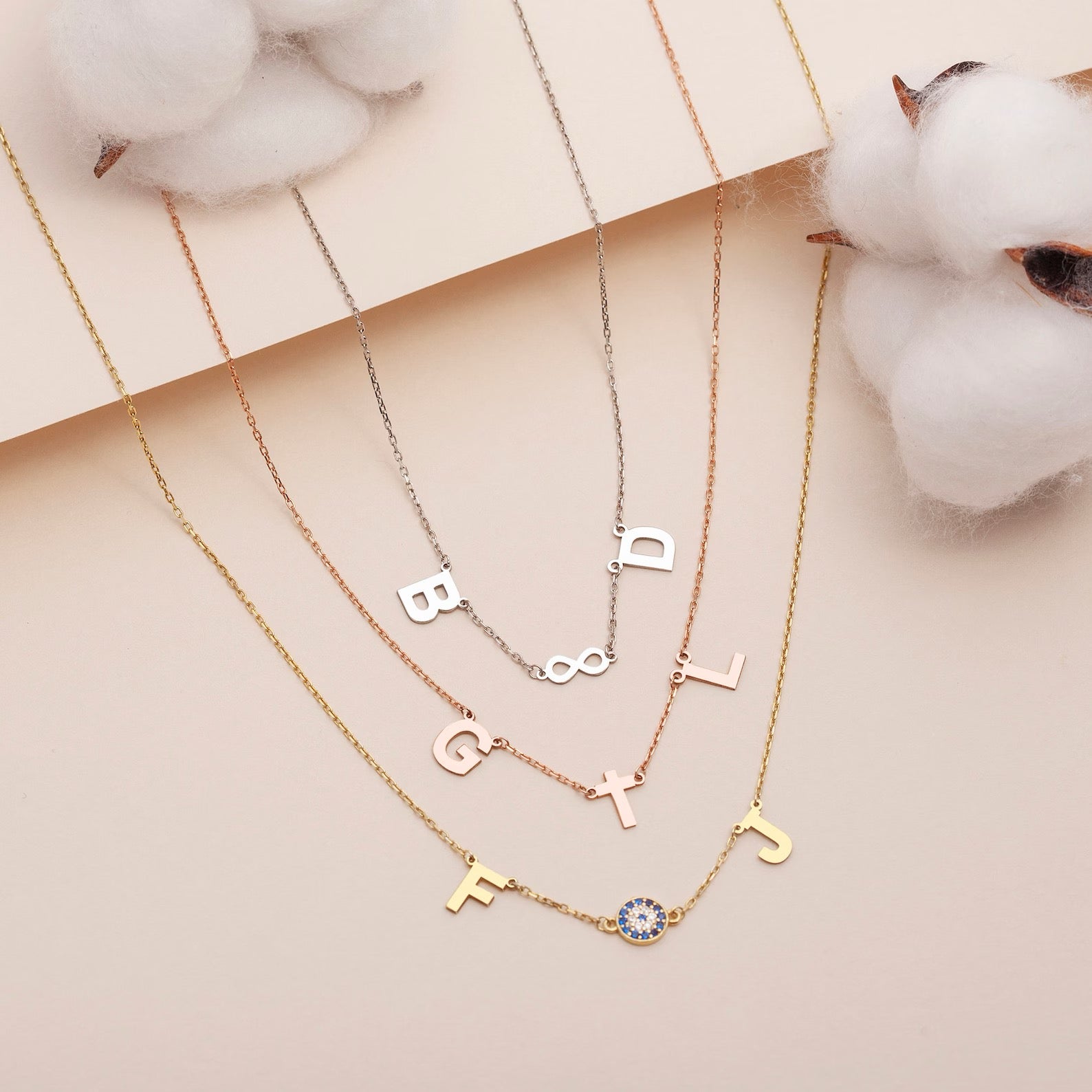 (VARYASYON EKLENECEK)Sideways 925 Silver Initial Charm Necklace, Multiple Gold Letter Necklace