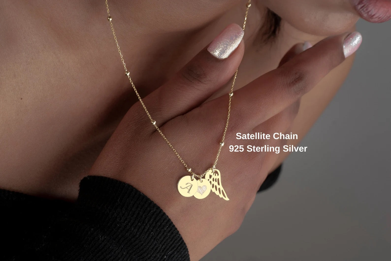 Custom Memorial Gold & Silver Wing Necklace, Satellite chain