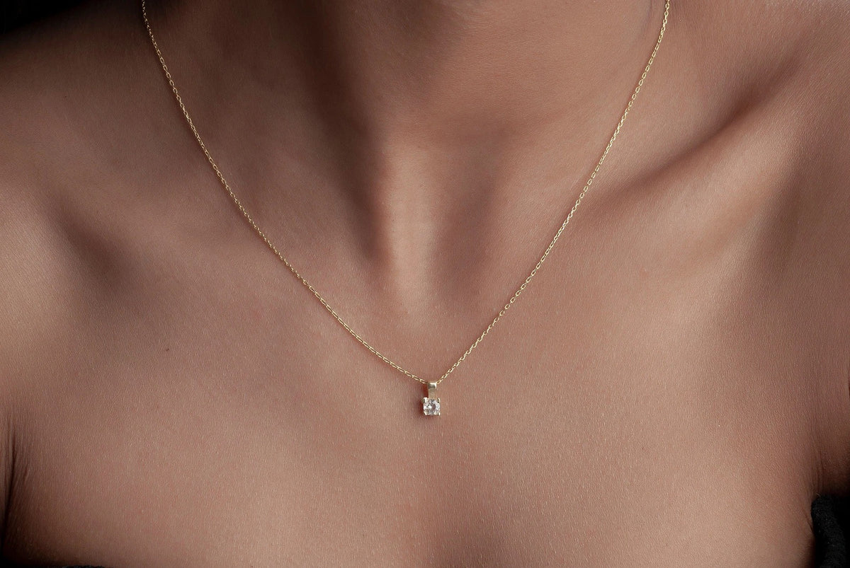 Diamond Cut Gold Necklace, Dainty Single Stone Necklace, Cubic Zirconia Pendant