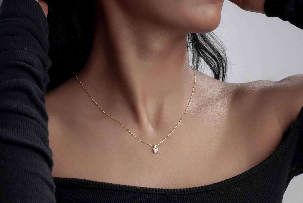 Diamond Cut Gold Necklace, Dainty Single Stone Necklace, Cubic Zirconia Pendant