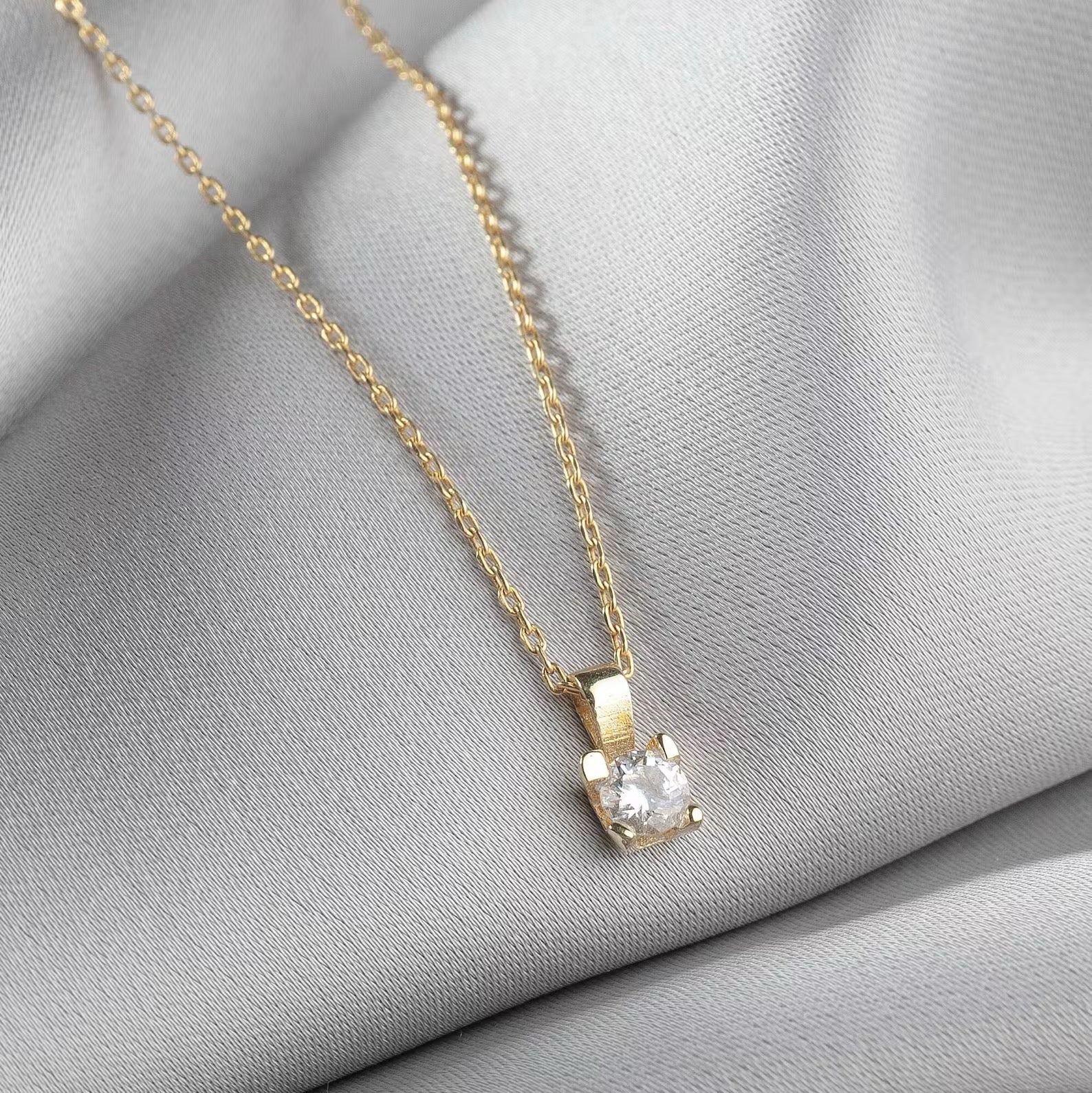 Diamond Cut Gold Necklace, Dainty Single Stone Necklace, Cubic Zirconia Pendant