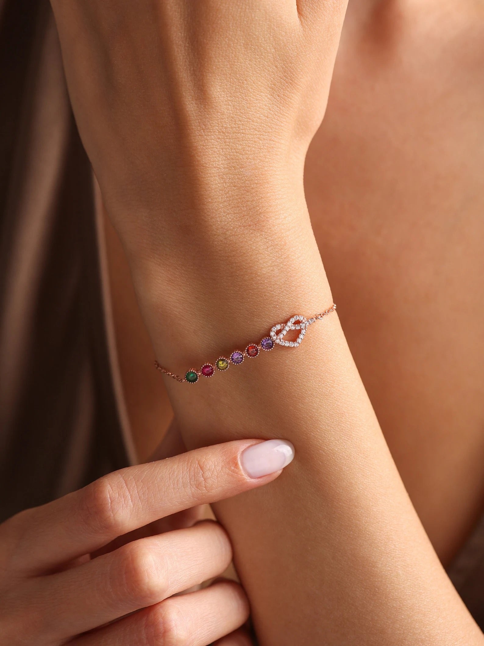 Dainty Family Birthstone Bracelet with Heart & Infinity for Lover