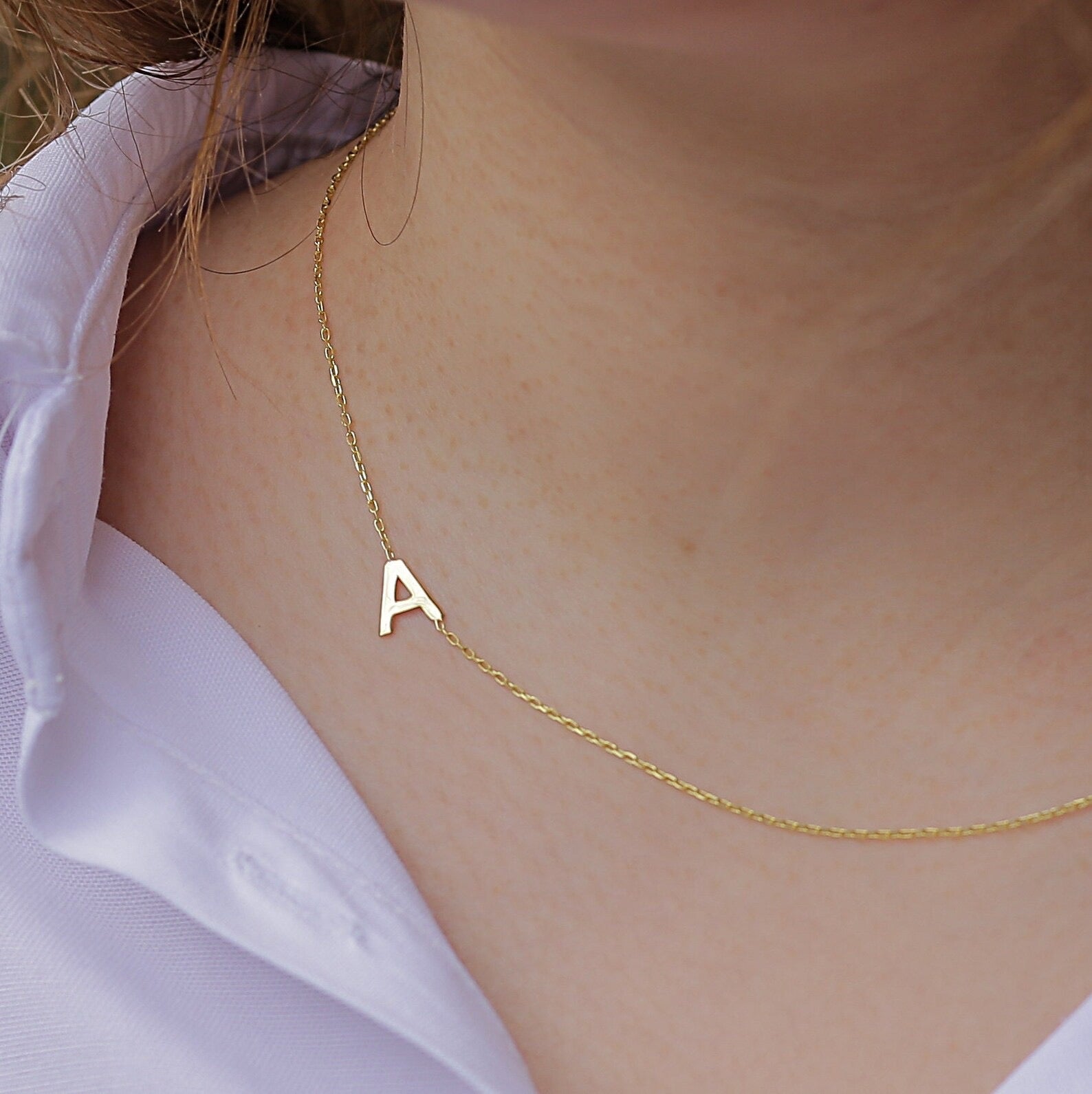 14k Solid Gold Sideways Initial necklace, Personalised Jewellery, White Gold Letter Necklace