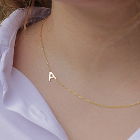 14k Solid Gold Sideways Initial necklace, Personalised Jewellery, White Gold Letter Necklace