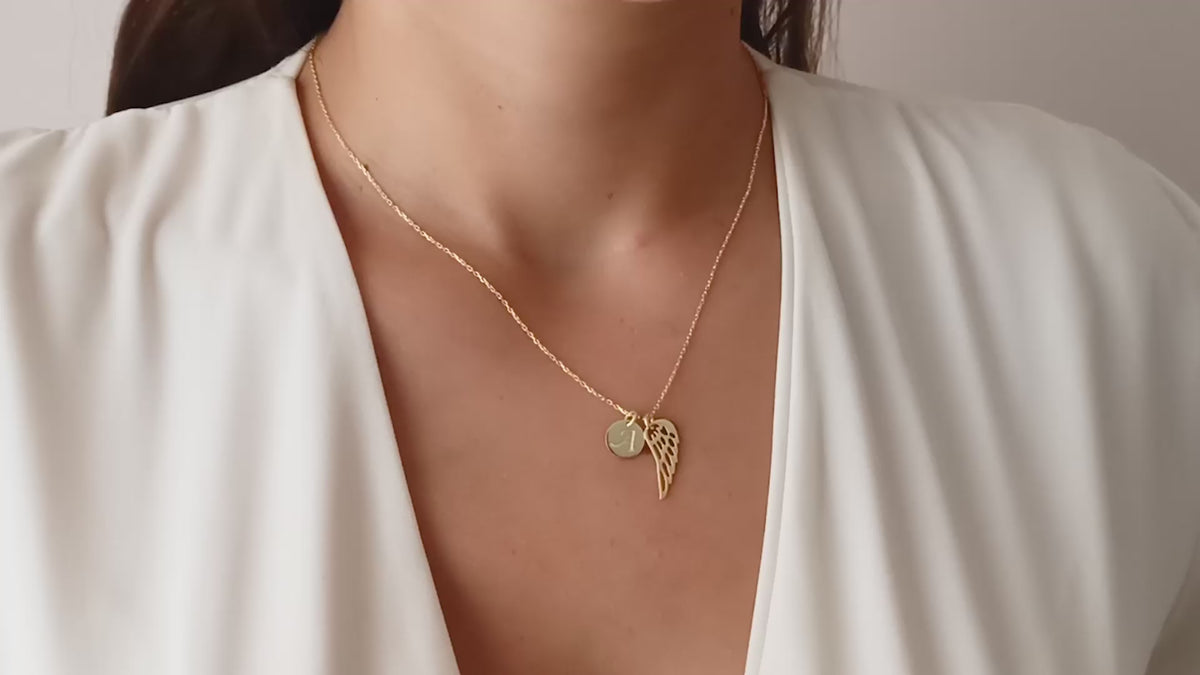 14K Solid Gold Memorial Angel Wing Necklace with Initial Disc